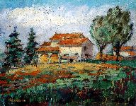 1976 - 26,5x34 - olio su compensato - senza titolo (casa colonica con cedri e pioppi).JPG