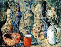 1979 - 40x50 - olio su tela cartonata - natura morta, zucche boccale vasi candeliere bottiglia.JPG