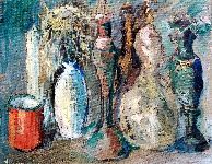 1980 - 40x50 - olio su tela - natura morta, zucca boccale vasi candeliere bottiglia.JPG